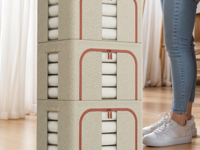 CARLA HOME 3 pack Large Clothes Storage Bins with Lids for Clothing, Bedding, Blankets, Toys (66L capacity - Beige)-2050057507174486018