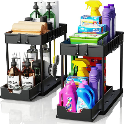 CARLA HOME 2 Pack Under Sink Organizer with Pull-Out Basket and Hooks for Bathroom & Kitchen-2050057508449554432