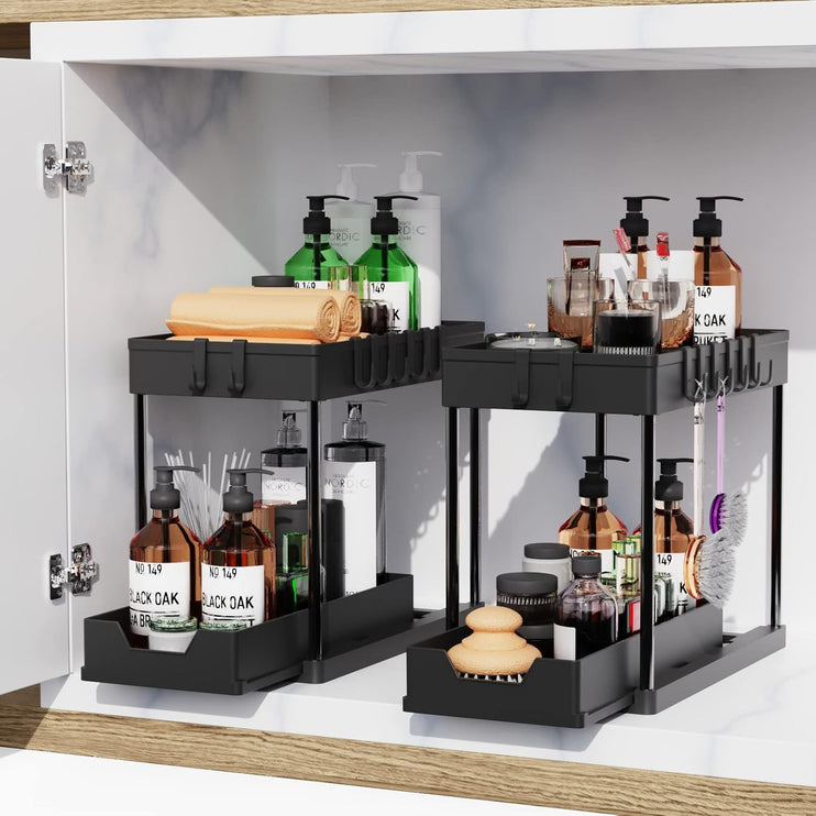 CARLA HOME 2 Pack Under Sink Organizer with Pull-Out Basket and Hooks for Bathroom & Kitchen-2050057508449554433