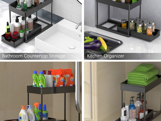 CARLA HOME 2 Pack Under Sink Organizer with Pull-Out Basket and Hooks for Bathroom & Kitchen-2050057508449554434