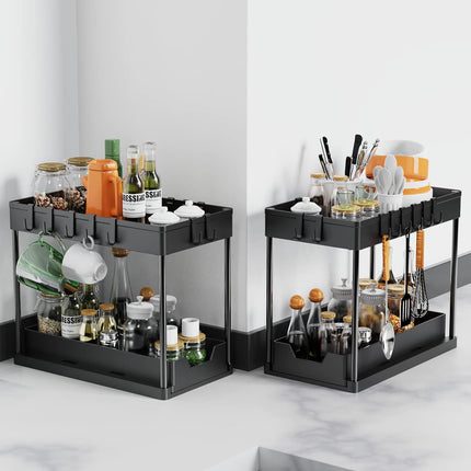 CARLA HOME 2 Pack Under Sink Organizer with Pull-Out Basket and Hooks for Bathroom & Kitchen-2050057508449554435
