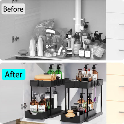 CARLA HOME 2 Pack Under Sink Organizer with Pull-Out Basket and Hooks for Bathroom & Kitchen-2050057508449554436