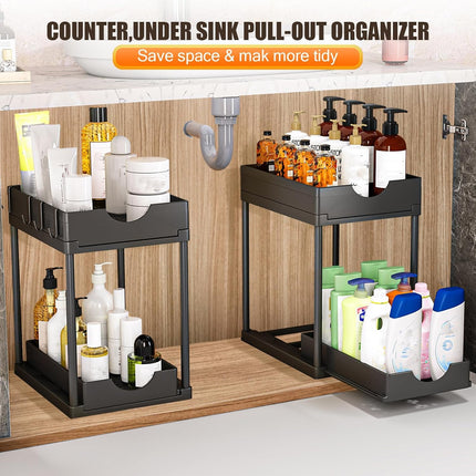 CARLA HOME 2 Pack Under Sink Organizer with Pull-Out Basket and Hooks for Bathroom & Kitchen-2050057508449554438