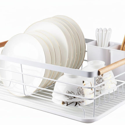 CARLA HOME Dish Drying Rack with Wooden Handles, Removable Cutlery Holder & Drainboard for Kitchen Countertop-2050057509250666496