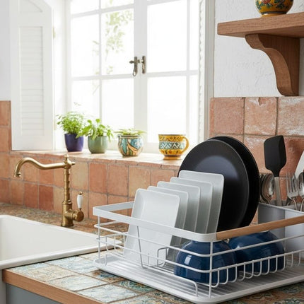 CARLA HOME Dish Drying Rack with Wooden Handles, Removable Cutlery Holder & Drainboard for Kitchen Countertop-2050057509250666497