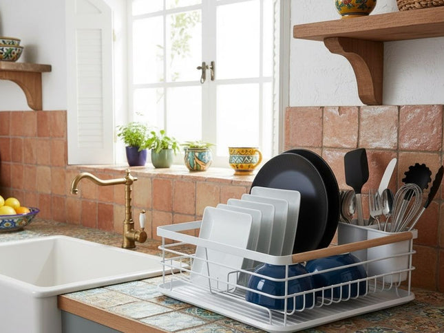 CARLA HOME Dish Drying Rack with Wooden Handles, Removable Cutlery Holder & Drainboard for Kitchen Countertop-2050057509250666497