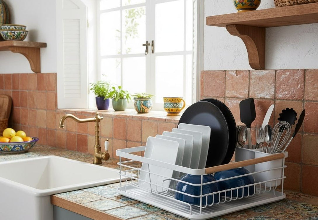 CARLA HOME Dish Drying Rack with Wooden Handles, Removable Cutlery Holder & Drainboard for Kitchen Countertop-2050057509250666497