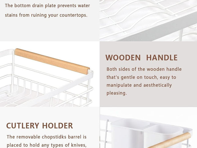 CARLA HOME Dish Drying Rack with Wooden Handles, Removable Cutlery Holder & Drainboard for Kitchen Countertop-2050057509250666498