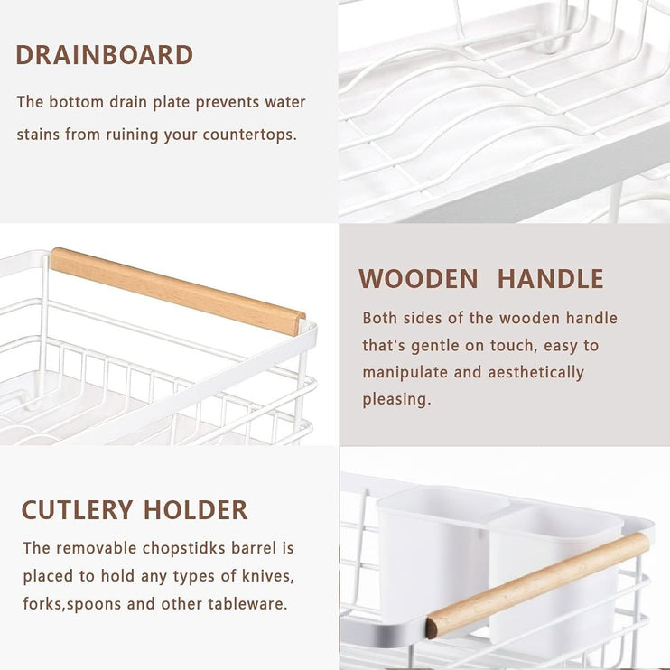 CARLA HOME Dish Drying Rack with Wooden Handles, Removable Cutlery Holder & Drainboard for Kitchen Countertop-2050057509250666498