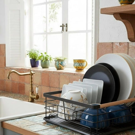 CARLA HOME Dish Drying Rack with Wooden Handles, Removable Cutlery Holder & Drainboard for Kitchen Countertop-2050057509401661441