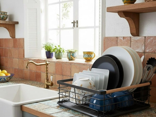 CARLA HOME Dish Drying Rack with Wooden Handles, Removable Cutlery Holder & Drainboard for Kitchen Countertop-2050057509401661441