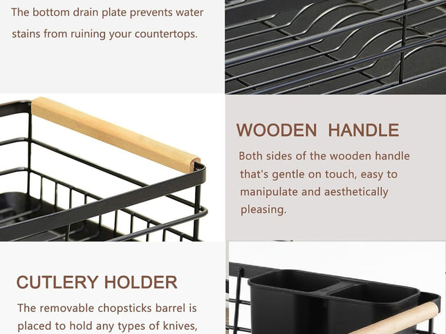 CARLA HOME Dish Drying Rack with Wooden Handles, Removable Cutlery Holder & Drainboard for Kitchen Countertop-2050057509401661442