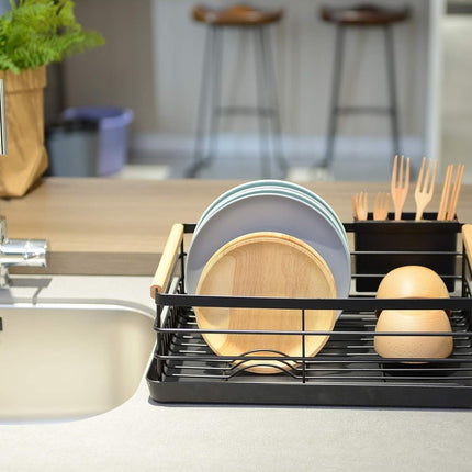 CARLA HOME Dish Drying Rack with Wooden Handles, Removable Cutlery Holder & Drainboard for Kitchen Countertop-2050057509401661445