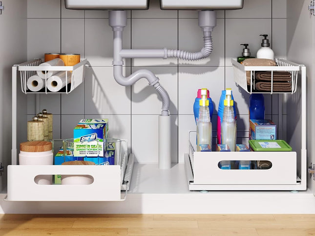 CARLA HOME 2 Tier Under Sink Organiser with Sliding Drawers for Kitchen & Bathroom-2050057510659952641