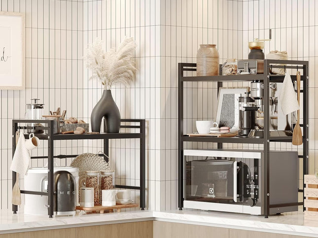 CARLA HOME 2-Tier Microwave Oven Rack with Adjustable Metal Kitchen Shelf Stand for Countertop Storage and 6 Hooks for Utensils (Black)-2050057510819336193