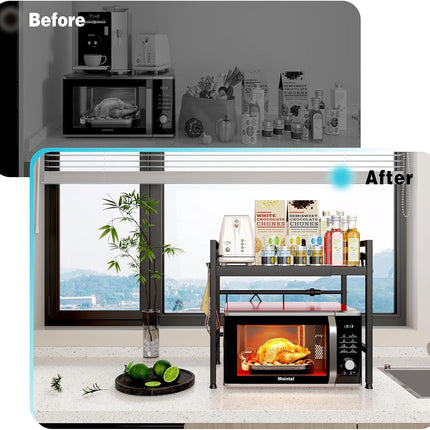 CARLA HOME 2-Tier Microwave Oven Rack with Adjustable Metal Kitchen Shelf Stand for Countertop Storage and 6 Hooks for Utensils (Black)-2050057510819336197