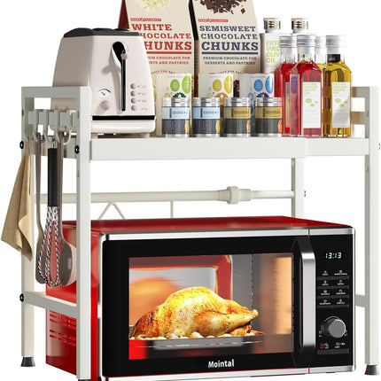 CARLA HOME 2-Tier Microwave Oven Rack with Adjustable Metal Kitchen Shelf Stand for Countertop Storage and 6 Hooks for Utensils (White)-2050057510974525440