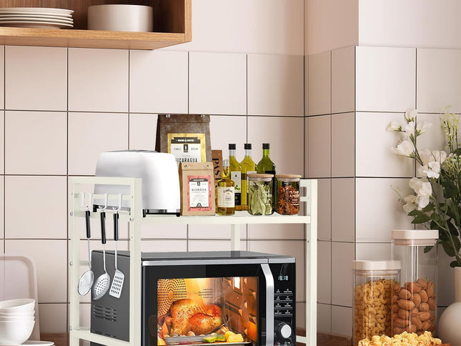 CARLA HOME 2-Tier Microwave Oven Rack with Adjustable Metal Kitchen Shelf Stand for Countertop Storage and 6 Hooks for Utensils (White)-2050057510974525441