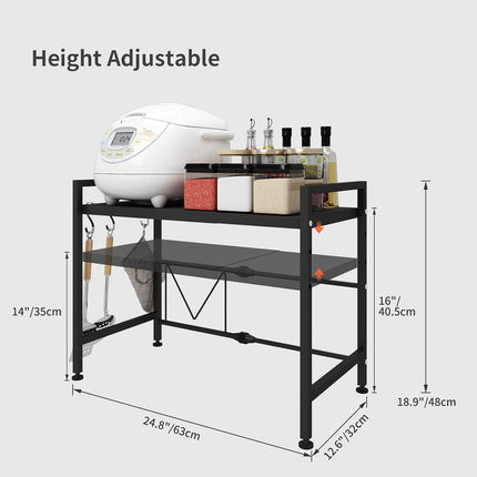 CARLA HOME 2-Tier Microwave Oven Rack with Adjustable Metal Kitchen Shelf Stand for Countertop Storage and 6 Hooks for Utensils (White)-2050057510974525442