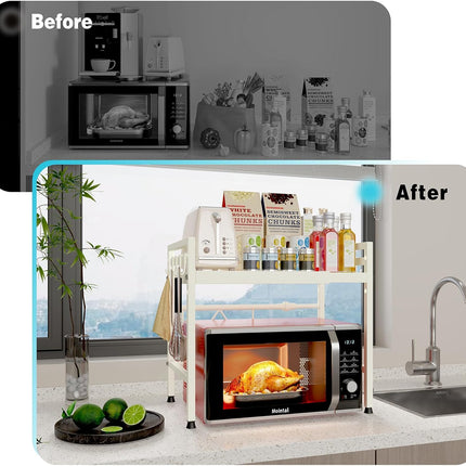 CARLA HOME 2-Tier Microwave Oven Rack with Adjustable Metal Kitchen Shelf Stand for Countertop Storage and 6 Hooks for Utensils (White)-2050057510974525445