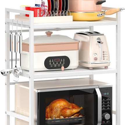 CARLA HOME 3-Tier Microwave Oven Rack with Adjustable Metal Kitchen Shelf Stand for Countertop Storage and 6 Hooks for Utensils-2050057511133908992