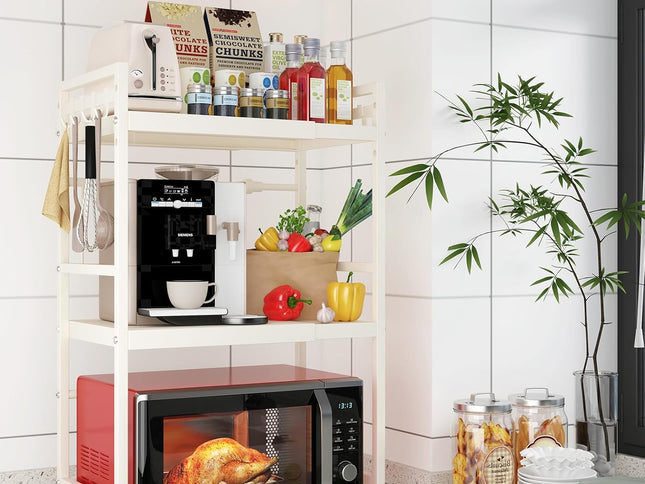 CARLA HOME 3-Tier Microwave Oven Rack with Adjustable Metal Kitchen Shelf Stand for Countertop Storage and 6 Hooks for Utensils-2050057511133908993