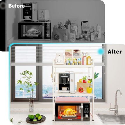 CARLA HOME 3-Tier Microwave Oven Rack with Adjustable Metal Kitchen Shelf Stand for Countertop Storage and 6 Hooks for Utensils-2050057511133908997