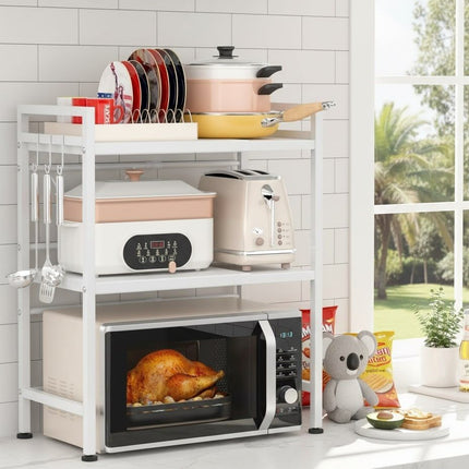 CARLA HOME 3-Tier Microwave Oven Rack with Adjustable Metal Kitchen Shelf Stand for Countertop Storage and 6 Hooks for Utensils-2050057511133909000