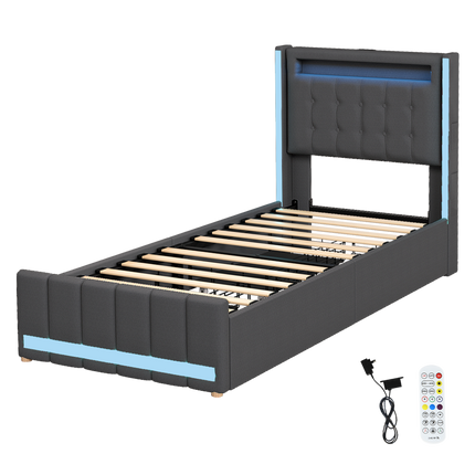 Levede Single Bed Frame Fabric Storage Drawer LED USB-2006733382138073096