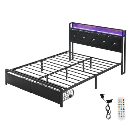 Levede Queen Metal Bed Frame LED Lights 2 Drawers-1954802444034773000