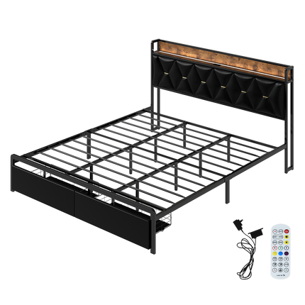 Levede King Bed Frame Leather Headboard RGB 2 Drawers-2006732795694682120