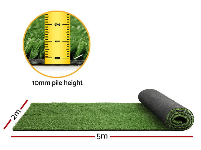 Prime Turf Artificial Grass 2mx5m 10mm Synthetic Fake Lawn Turf Plant Plastic Olive