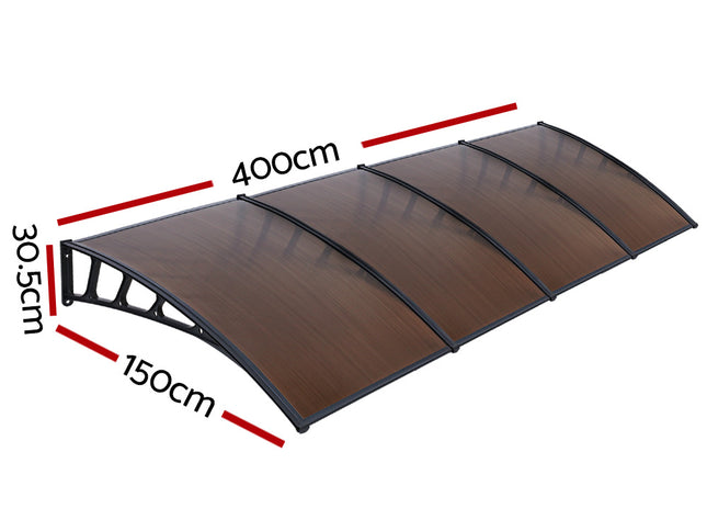 Instahut Window Door Awning Canopy 1.5mx4m Brown Sheet Black Plastic Frame
