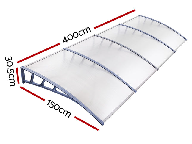 Instahut Window Door Awning Canopy 1.5mx4m Transparent Sheet Grey Plastic Frame