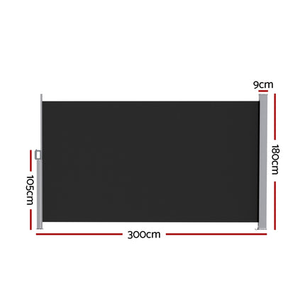 Instahut Side Awning Sun Shade Outdoor Retractable Privacy Screen 1.8X3M Black