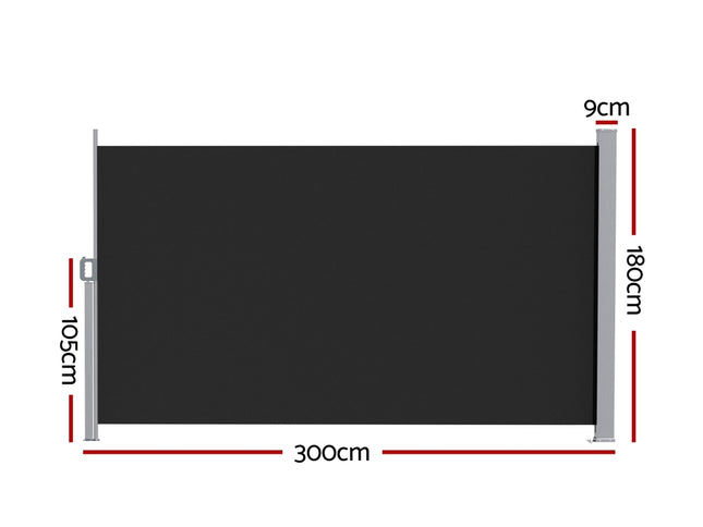 Instahut Side Awning Sun Shade Outdoor Retractable Privacy Screen 1.8X3M Black