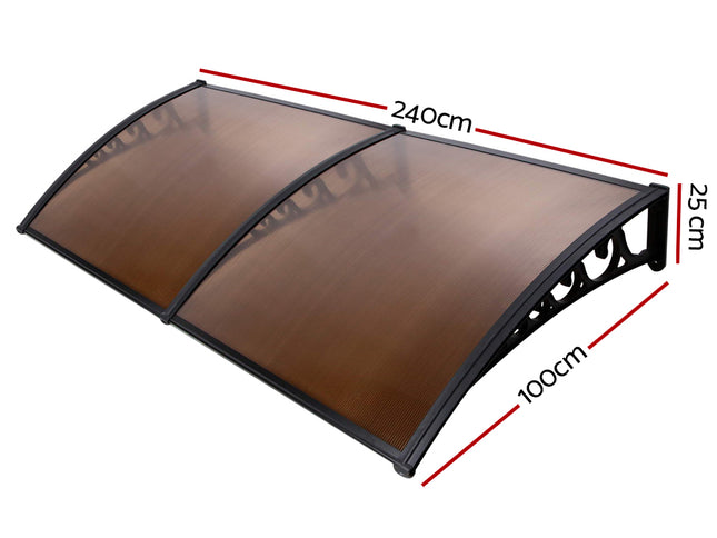 Instahut Window Door Awning 1mx2.4m Brown Hollow Sheet Plastic Frame