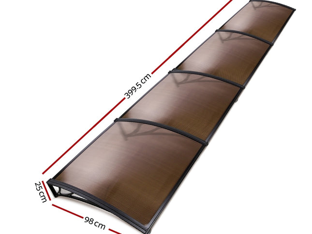 Instahut Window Awning Door Canopy 1m x 4m Brown Sheet Black Plastic Frame