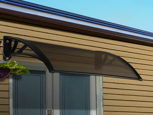 Instahut Window Awning Door Canopy 1m x 4m Brown Sheet Black Plastic Frame