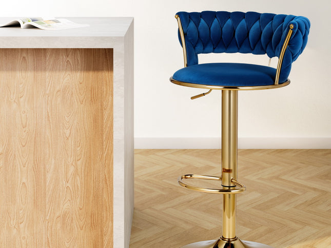 Artiss Bar Stools Gas Lift Velvet Woven Backrest Navy