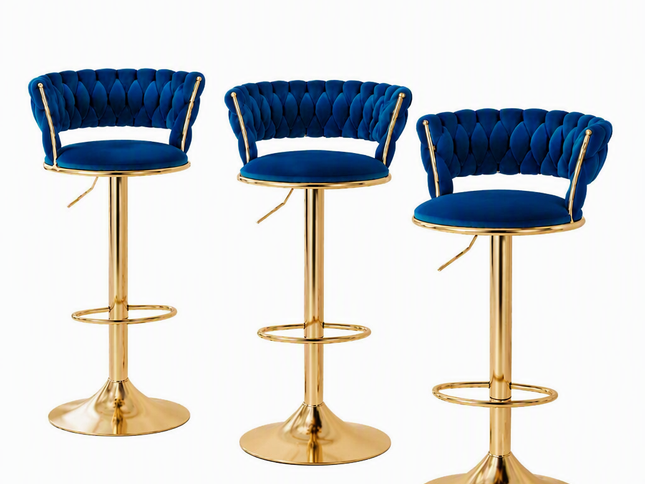 Artiss Bar Stools X3 Kitchen Counter Chair Gas Lift Velvet Woven Backrest Navy