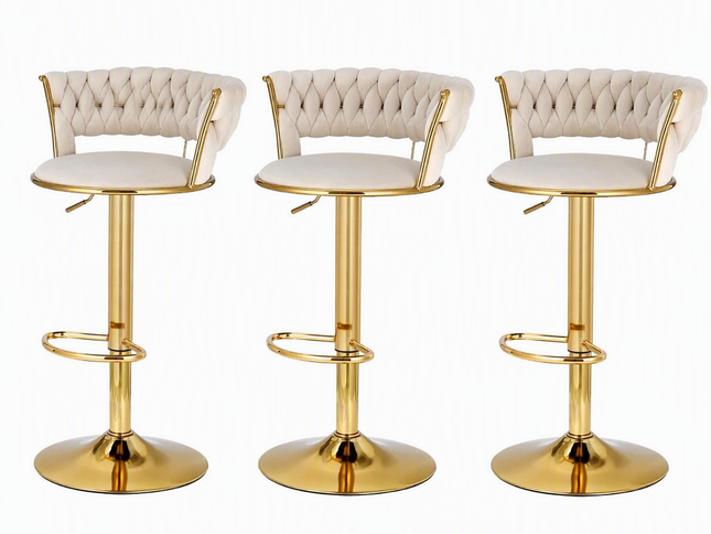 Artiss Bar Stools X3 Kitchen Counter Chair Gas Lift Velvet Woven Backrest Ivory