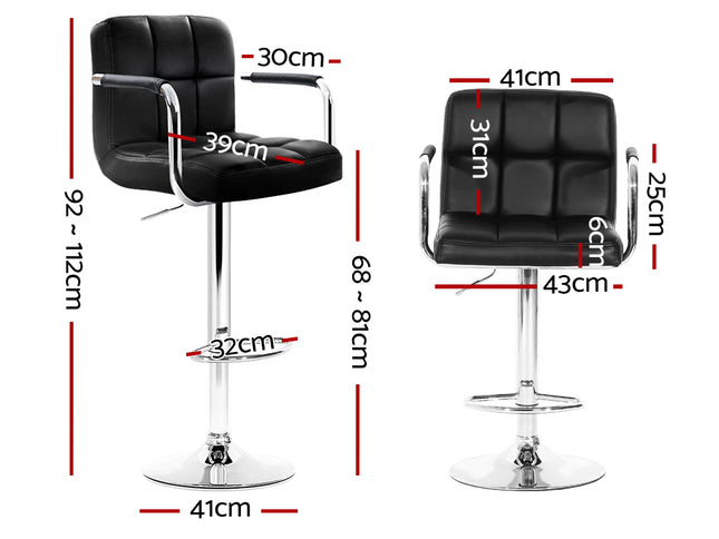 Artiss 2x Bar Stools Leather Gas Lift w/Armrest Black