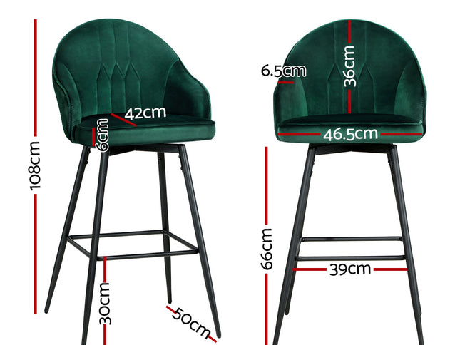 Artiss 2x Bar Stools Velvet Swivel Metal Legs Green