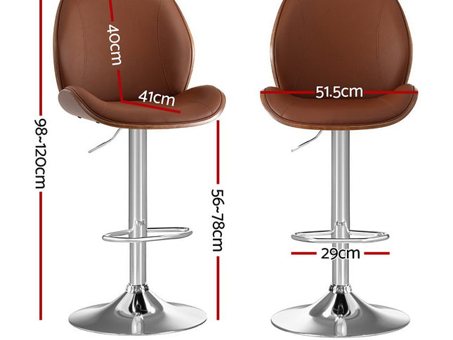 Artiss 2X Bar Stools Bentwood Adjustable Kitchen Counter Chair Leather Brown