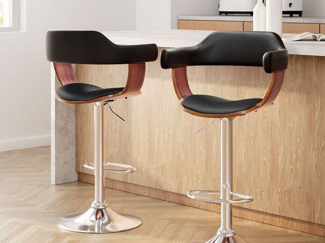 Artiss 2x Bar Stools Gas Lift Leather w/Armrest Black