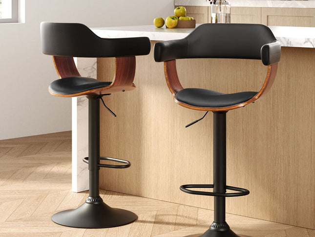 Artiss 2x Bar Stools Gas Lift Leather w/Armrest All Black