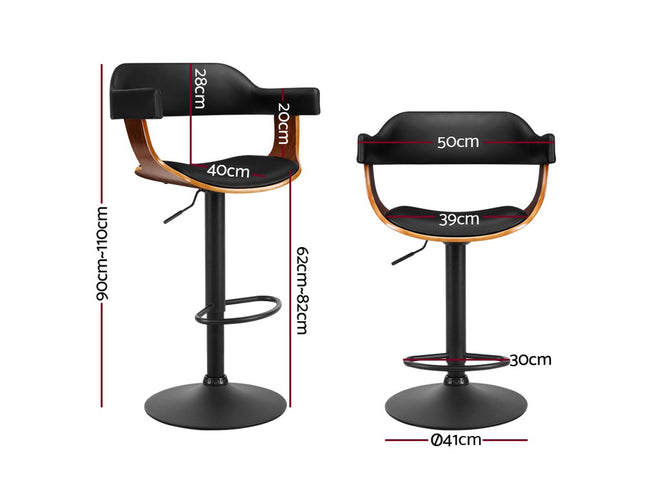 Artiss 2x Bar Stools Gas Lift Leather w/Armrest All Black
