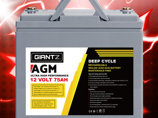 Giantz AGM Deep Cycle Battery 12V 75Ah Box Portable Solar Caravan Camping