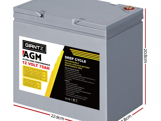 Giantz AGM Deep Cycle Battery 12V 75Ah Box Portable Solar Caravan Camping